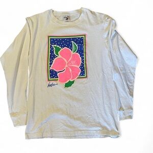 Vintage long sleeve white shirt with pink hibiscus flower design tee